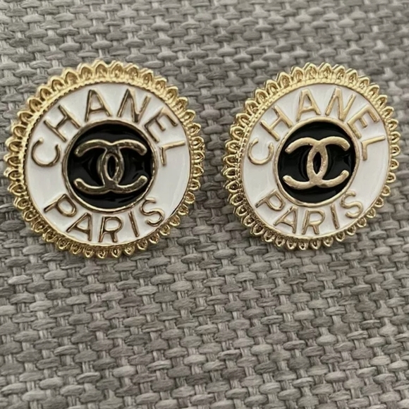 Chanel Gold Tone White Enamel Costume Double CC Earrings - Picture 4 of 9